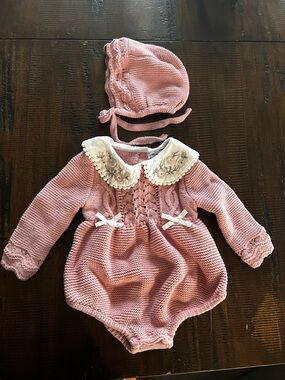 cupcakes & cashmere Pink Knit Baby Romper with Lace Collar
